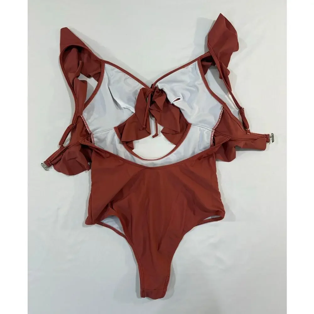 Terra Cotta Ruffled Cut Out High Cut One Piece Swimsuit Size Small